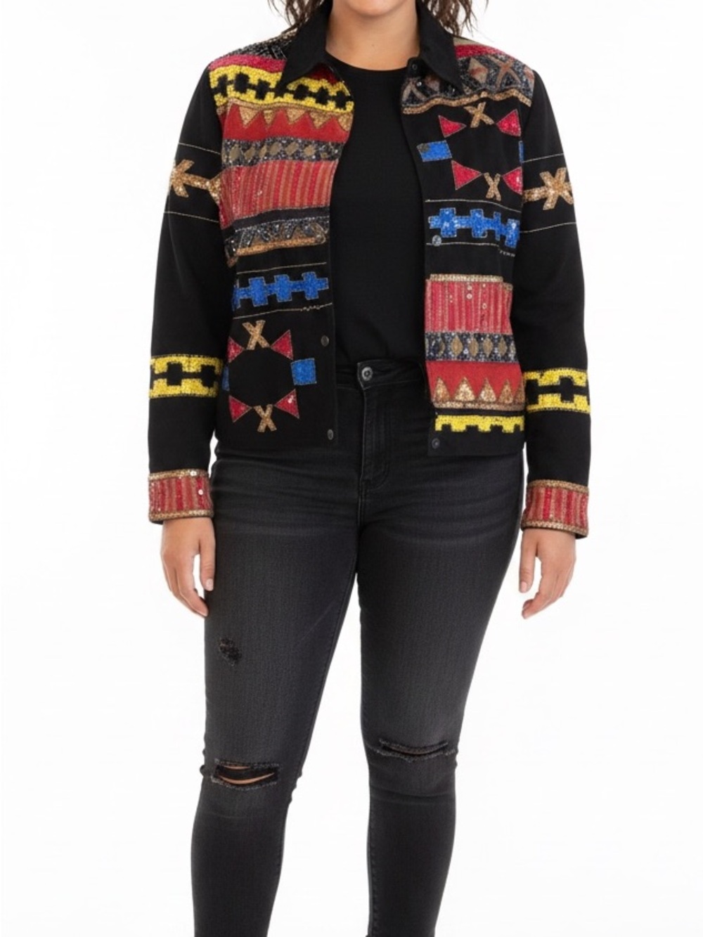 Modi Denim Vintage Sequined Jacket, Size S, Back w/Multi-Color Sequin & Designs.
